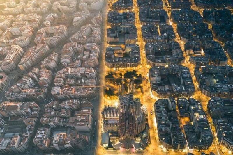 Barcelona overhead shot day and night comparison