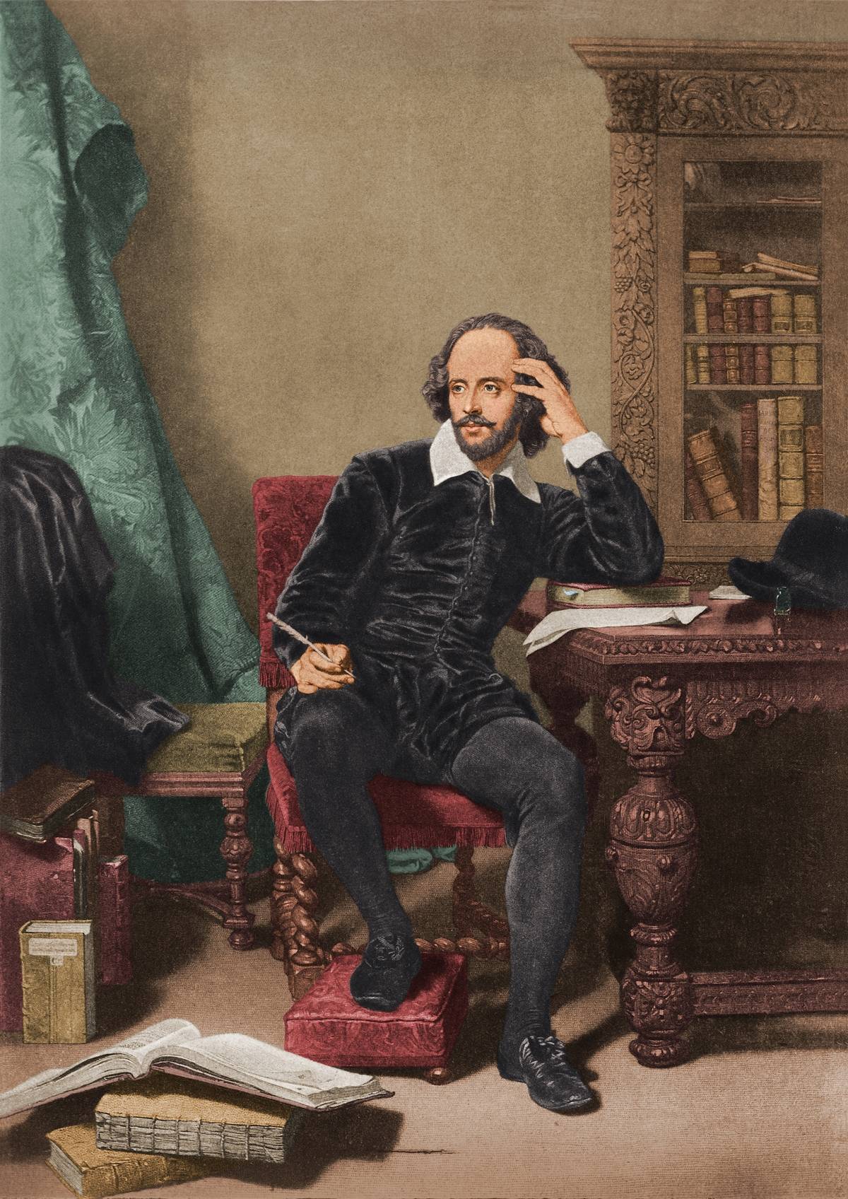 In this 1600 painting, an English playwright works at his desk.