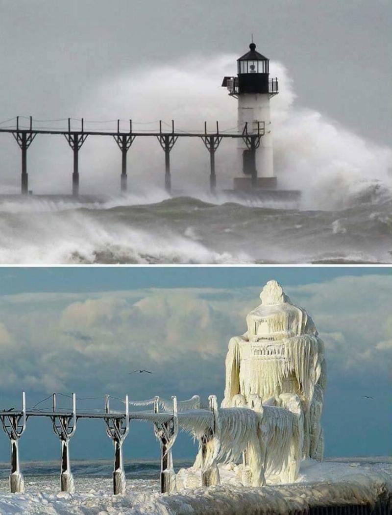lighthouse normally vs. covered in snow and ice