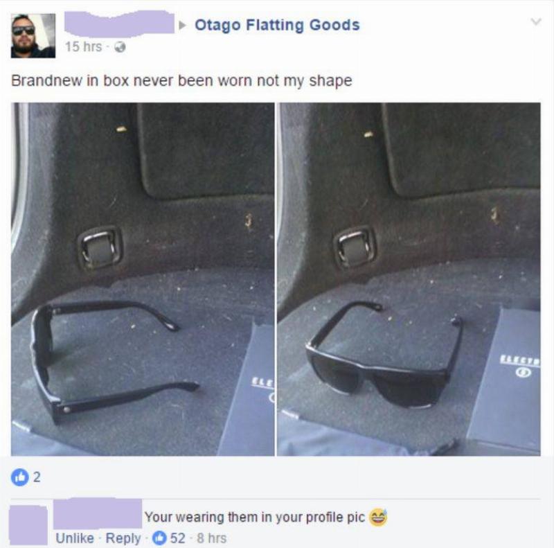selling sunglasses 'never been worn' but person is wearing them in profile picture 