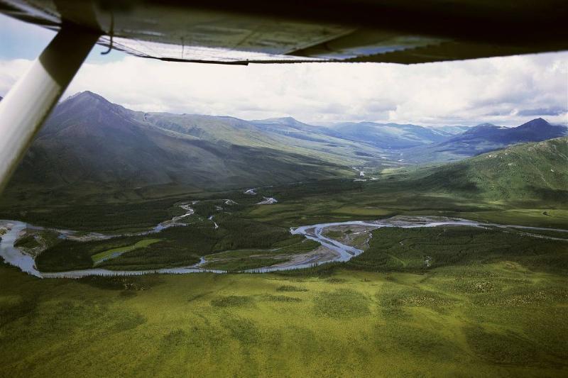 aerial view A view from a helicopter shows a remote river in Alaska.