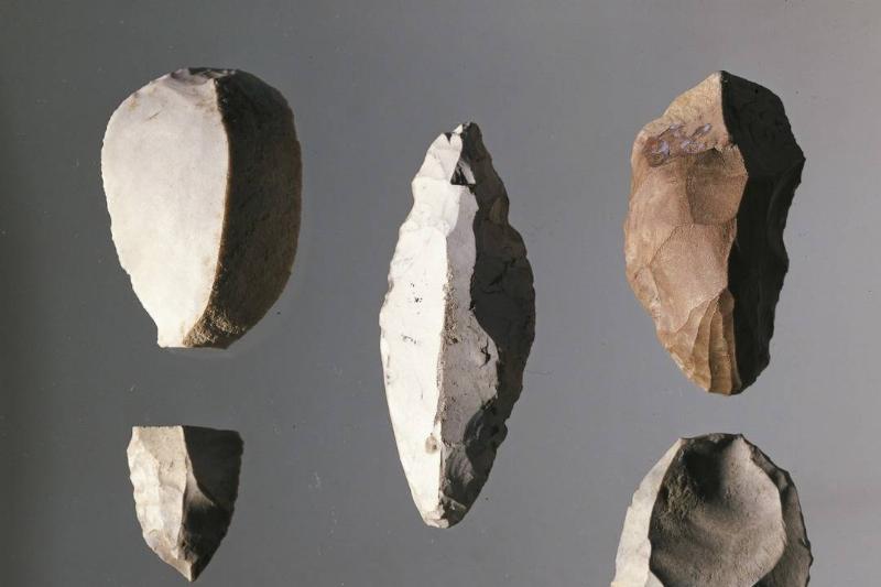 spear heads Paleolithic stone spear heads are laid out.