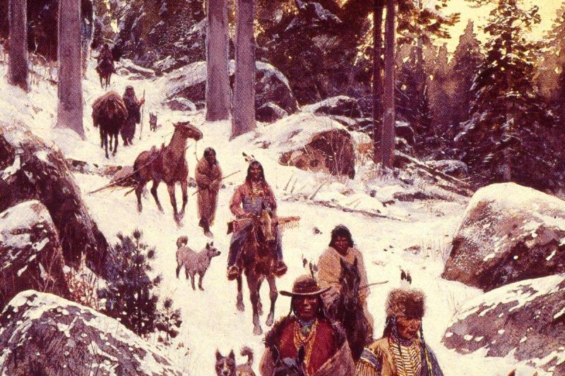 traveling snow In 1894, a party of Native Americans travel through the snow.
