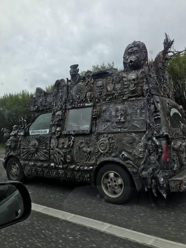 spooky decorated van on the road