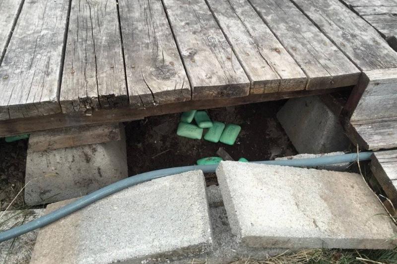 six bars of green soap under a deck