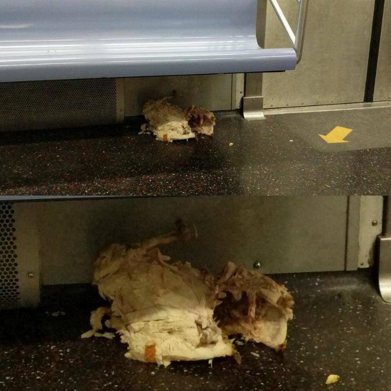 half eaten rotisserie chicken carcass left on subway