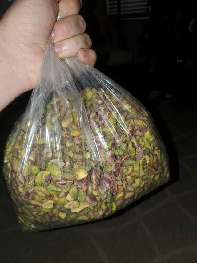A five-pound bag of pistachios someone received as a Christmas present.