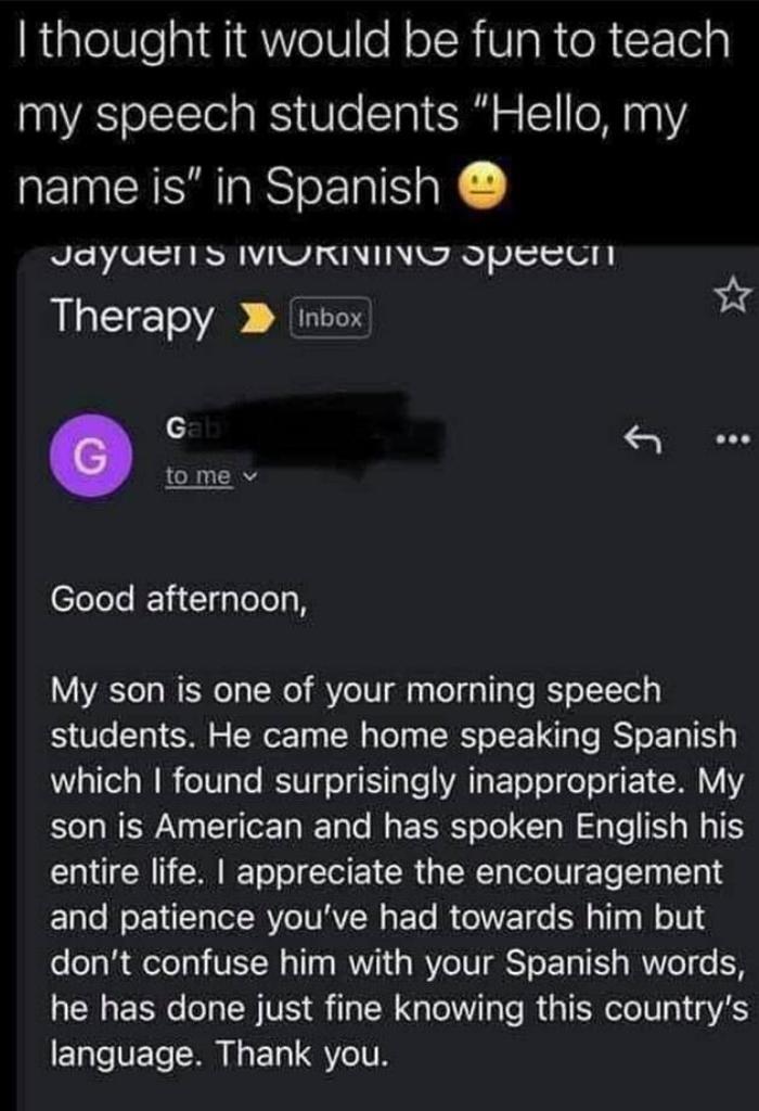 no spanish no spanish for her son
