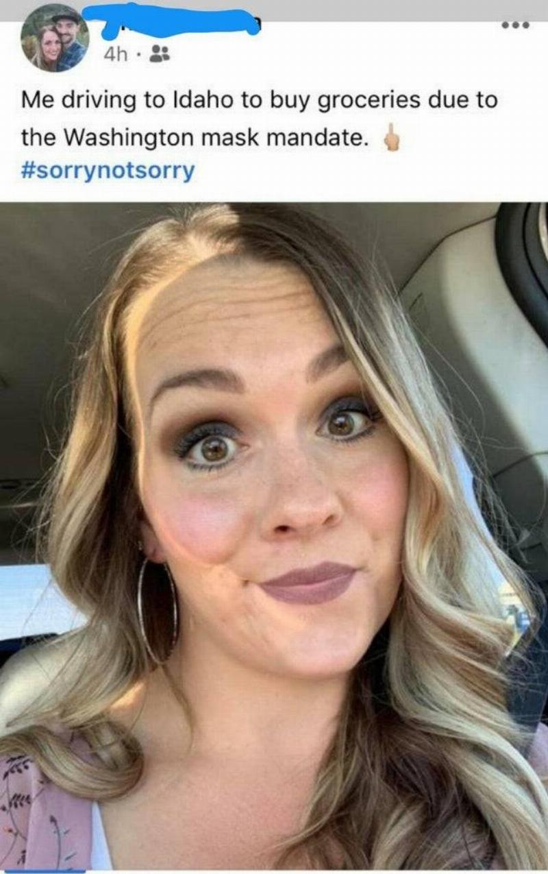 No Mask Mandates Woman looking in camera with text saying she's going to another store because of mask mandates.