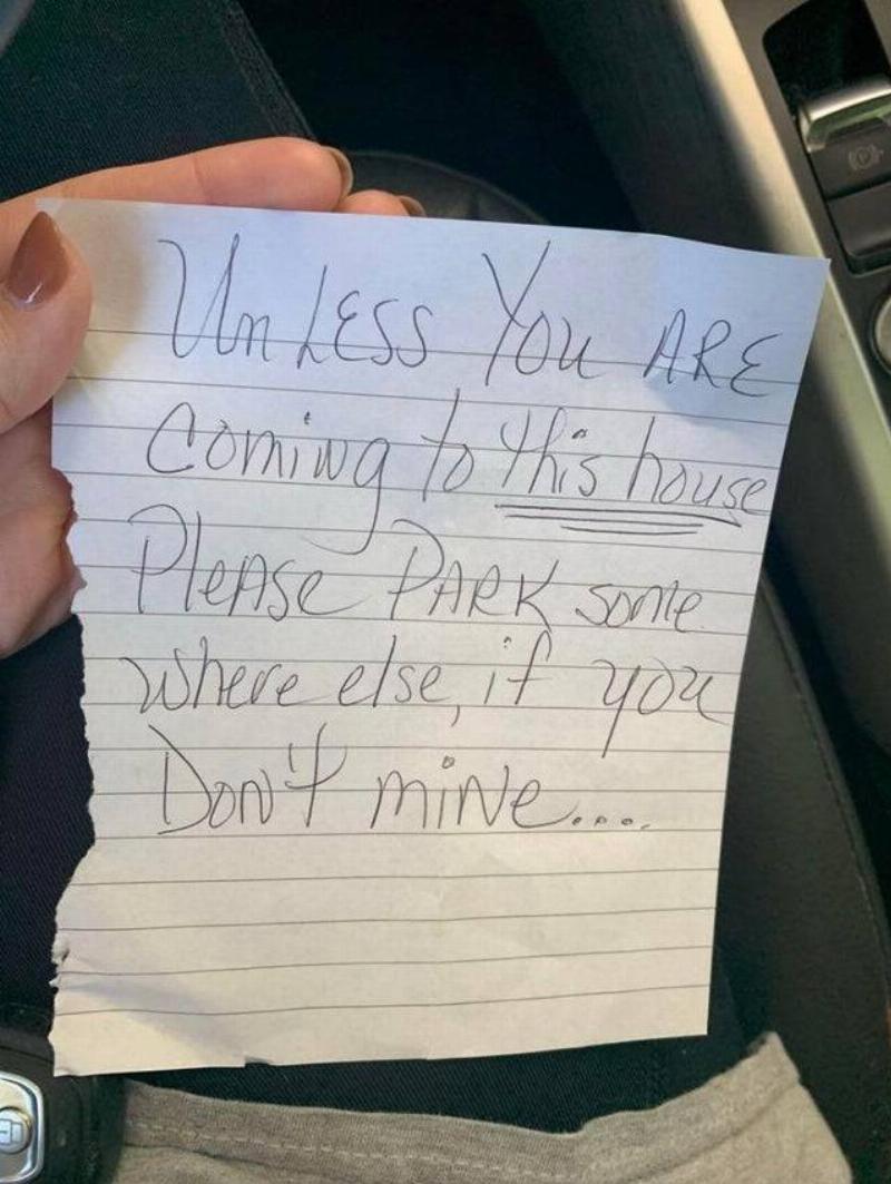 Not At My House Handwritten note asking not to park in front of their house.