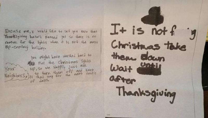 Wait Until After Thanksgiving Handwritten note asking for Christmas lights to be taken down.