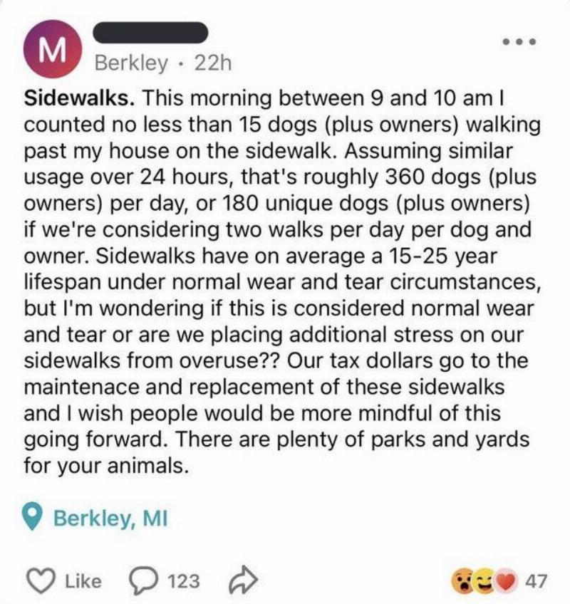 Wearing Out The Sidewalks Text complaining about the potential wearing out of sidewalks.