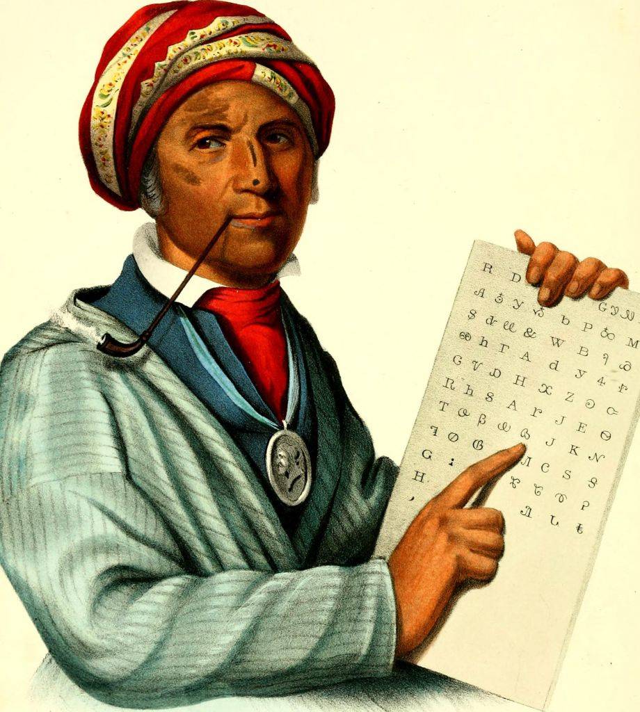 Color illustration of Sequoyah wearing European dress, a turban, and a silver medal