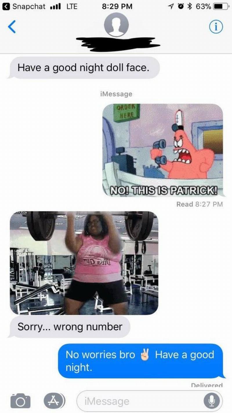 Not Doll Face Wrong number text with gifs sent back and forth