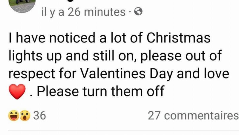 Respect Valentines Day Tweet asking to take down Christmas lights.