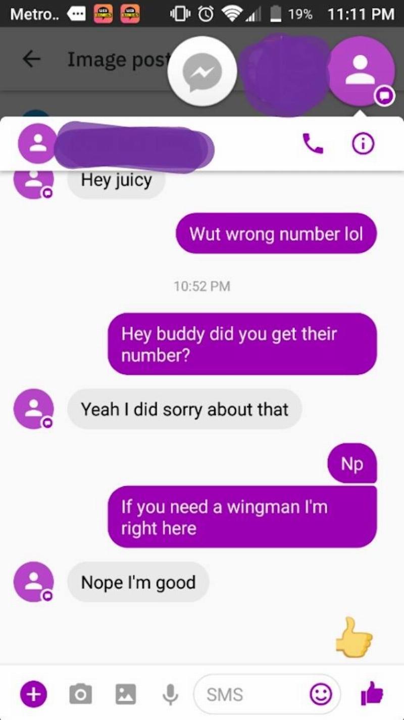 Volunteer Wingman Wrong number text and man volunteers to be wingman