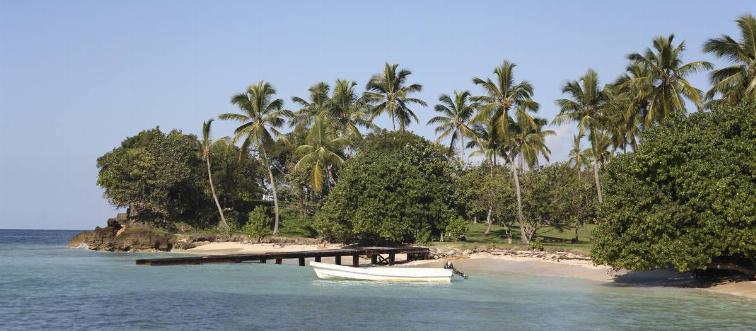 Dominican Republic, Samana Peninsula, Cayo Levantado, Bacardi island Palm tree lined shore wooden jetty and moored boat.