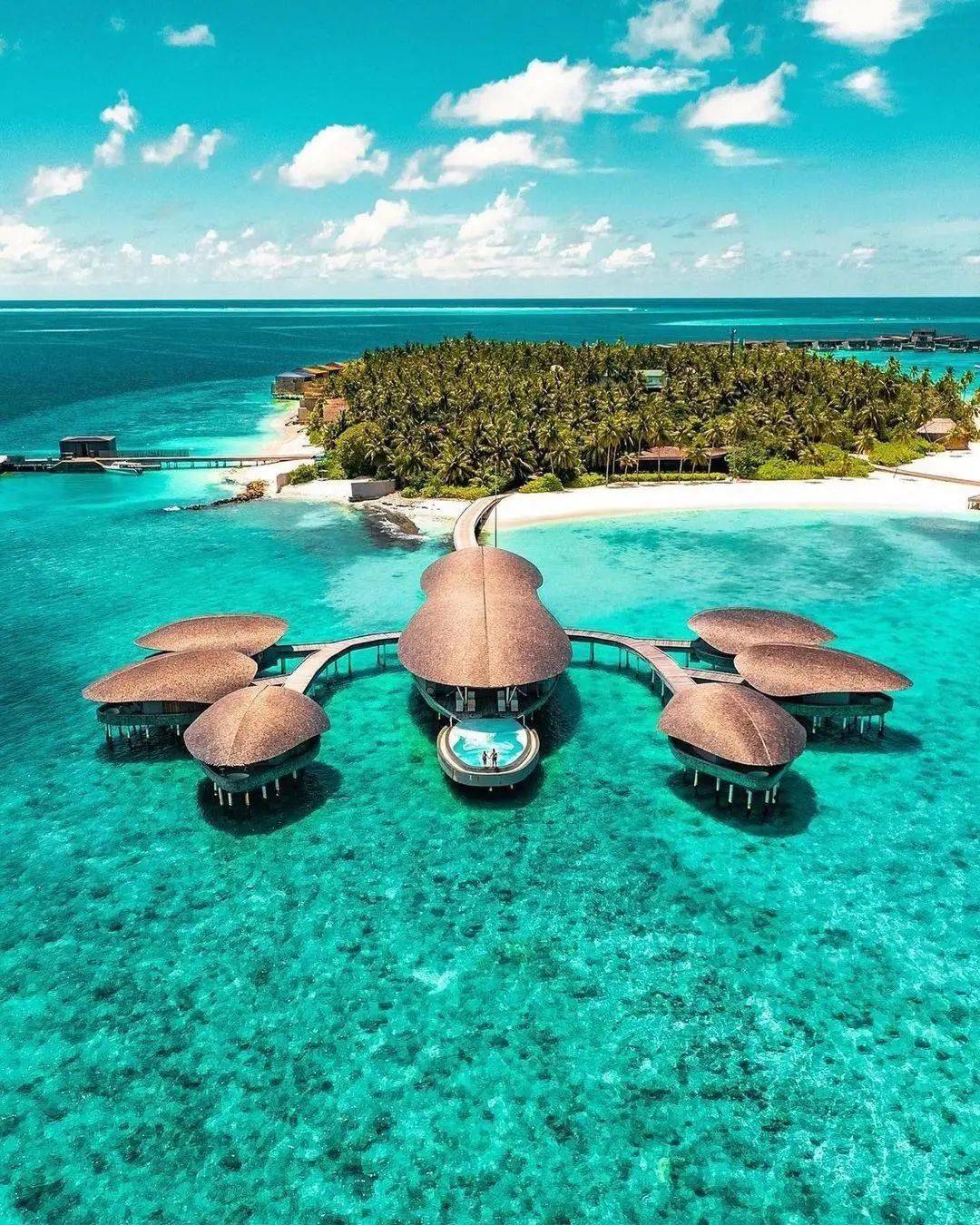 Maldives hotel in the water seen from an aerial view