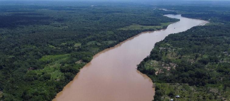 Aerial view of Putumayo river in the Amazon jungle of Puerto Asis rural area, department of Putumayo, Colombia