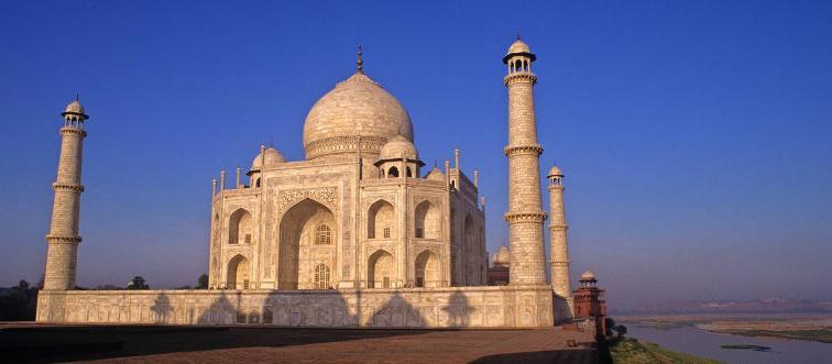 The Taj Mahal is an ivory-white marble mausoleum on the south bank of the Yamuna river in the Indian city of Agra