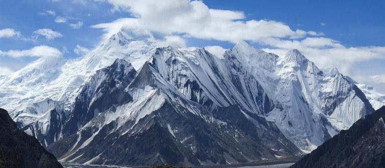 View of snow-capped mountains and glaciers from the Concordia camping site in the Karakoram range of Pakistan's mountain northern Gilgit region, K2