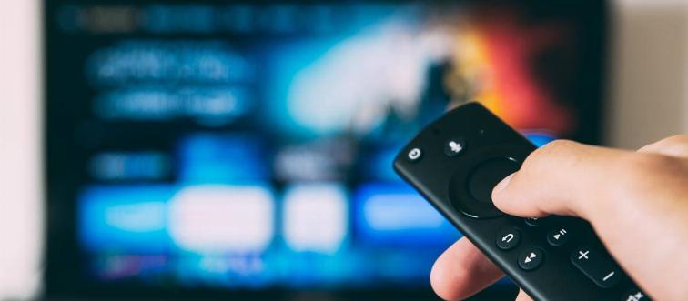 Hand holding a remote. Blurred television in the background.