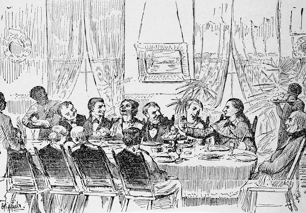 Davy Crockett is shown calling for the goose at the White House. President Andrew Jackson is seated at the right.