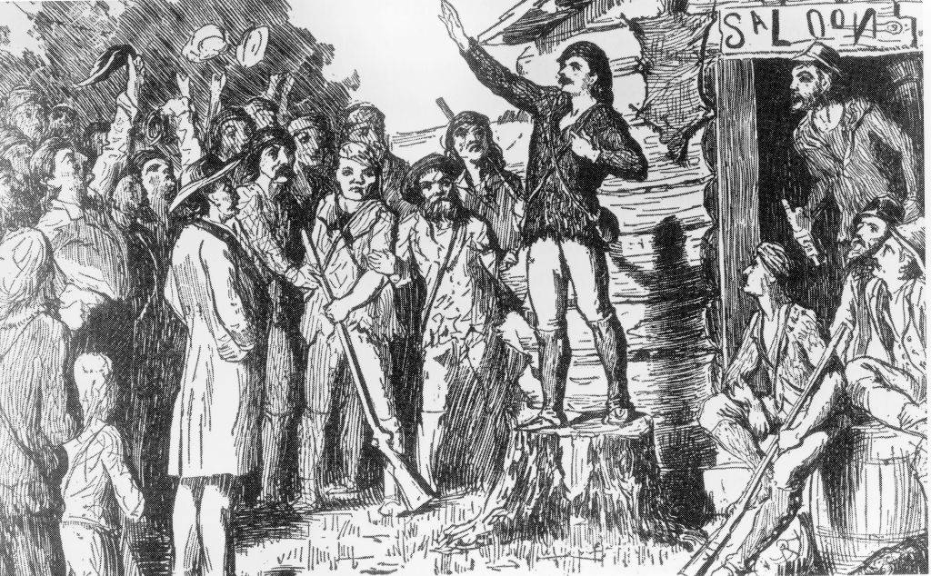 Illustration of Davy Crockett campaigning for the House of Representatives to a group of people, circa 1800s