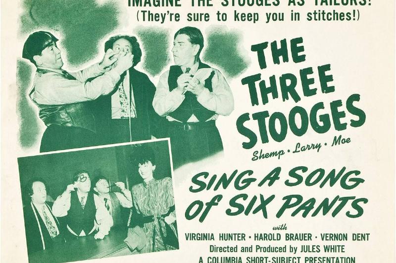 Sing A Song Of Six Pants, US lobbycard, top from left: Moe Howard, Larry Fine, Shemp Howard, (aka the Three Stooges), 1947.