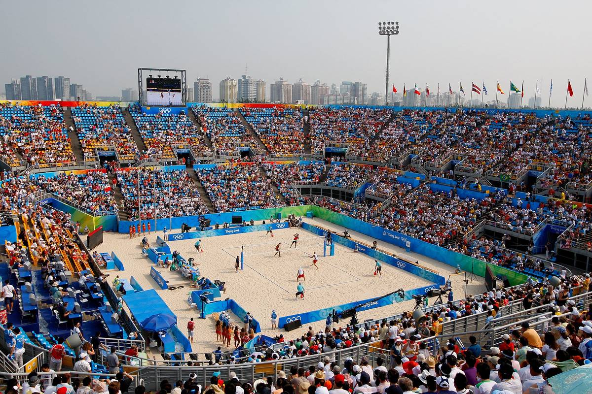 BEIJING - AUGUST 20: A general view of the men's semifinal beach volleyball match between Georgia and the United States at the Chaoyang Park Beach Volleyball Ground during Day 12 of the Beijing 2008 Olympic Games on August 20, 2008 in Beijing, China