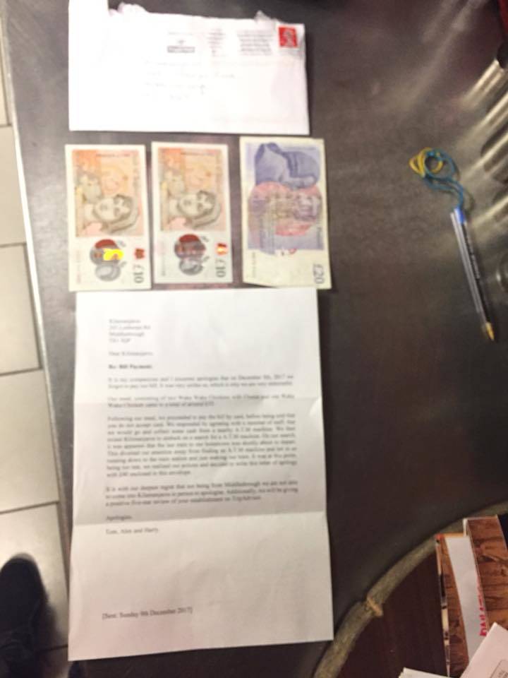 Letter and money from customers