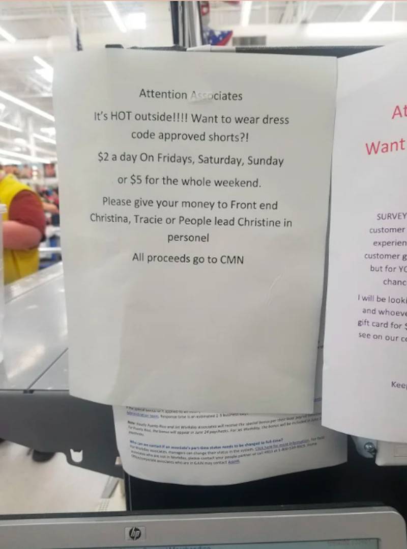 Note to retail associates about having to pay to wear dress code approved shorts