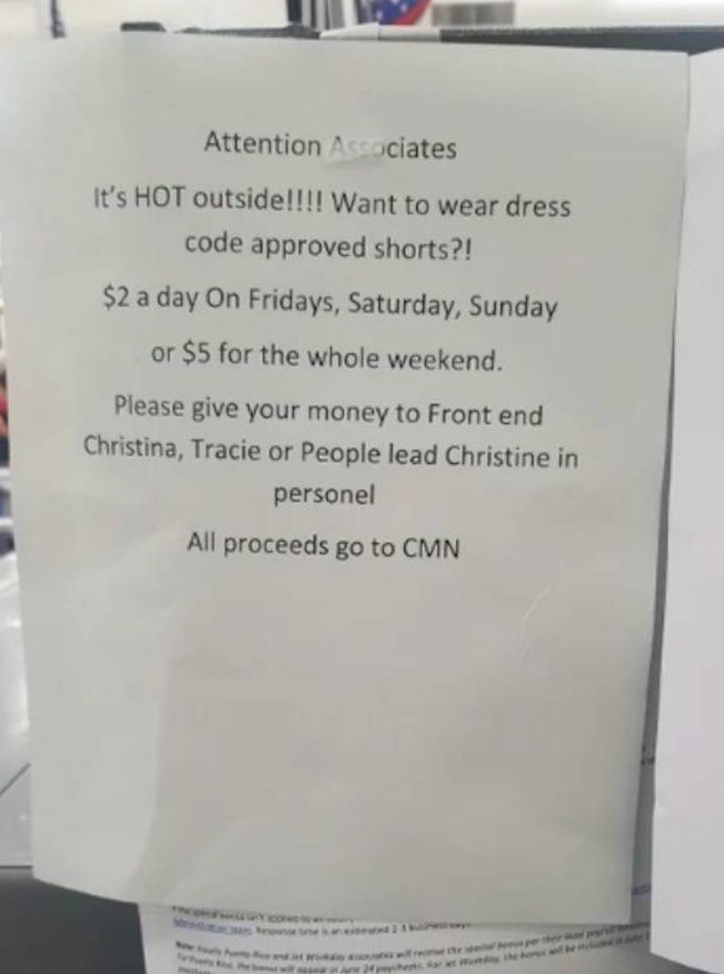 Attention Associates  Note to retail associates about having to pay to wear dress code approved shorts