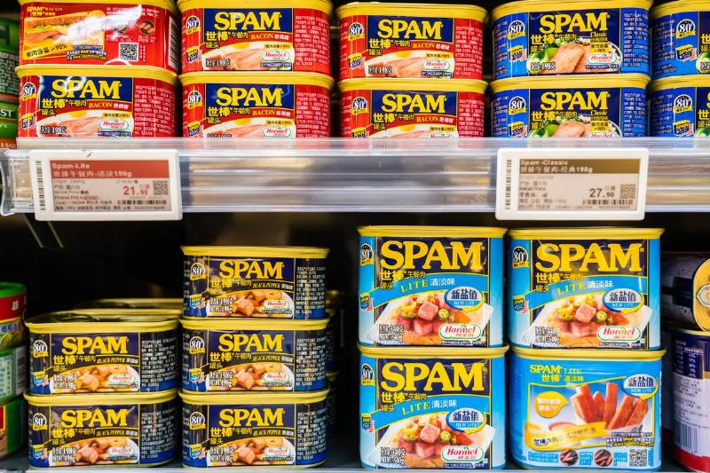 Spam canned cooked pork, made by Hormel Foods Corporation...