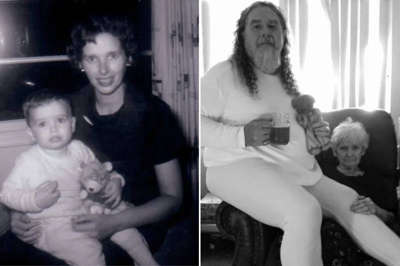 Recreation of black and white mother and son photo 