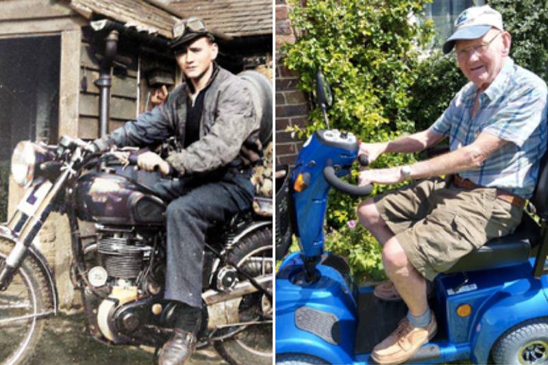 Grandpa on scooter and in vintage picture on motorcycle