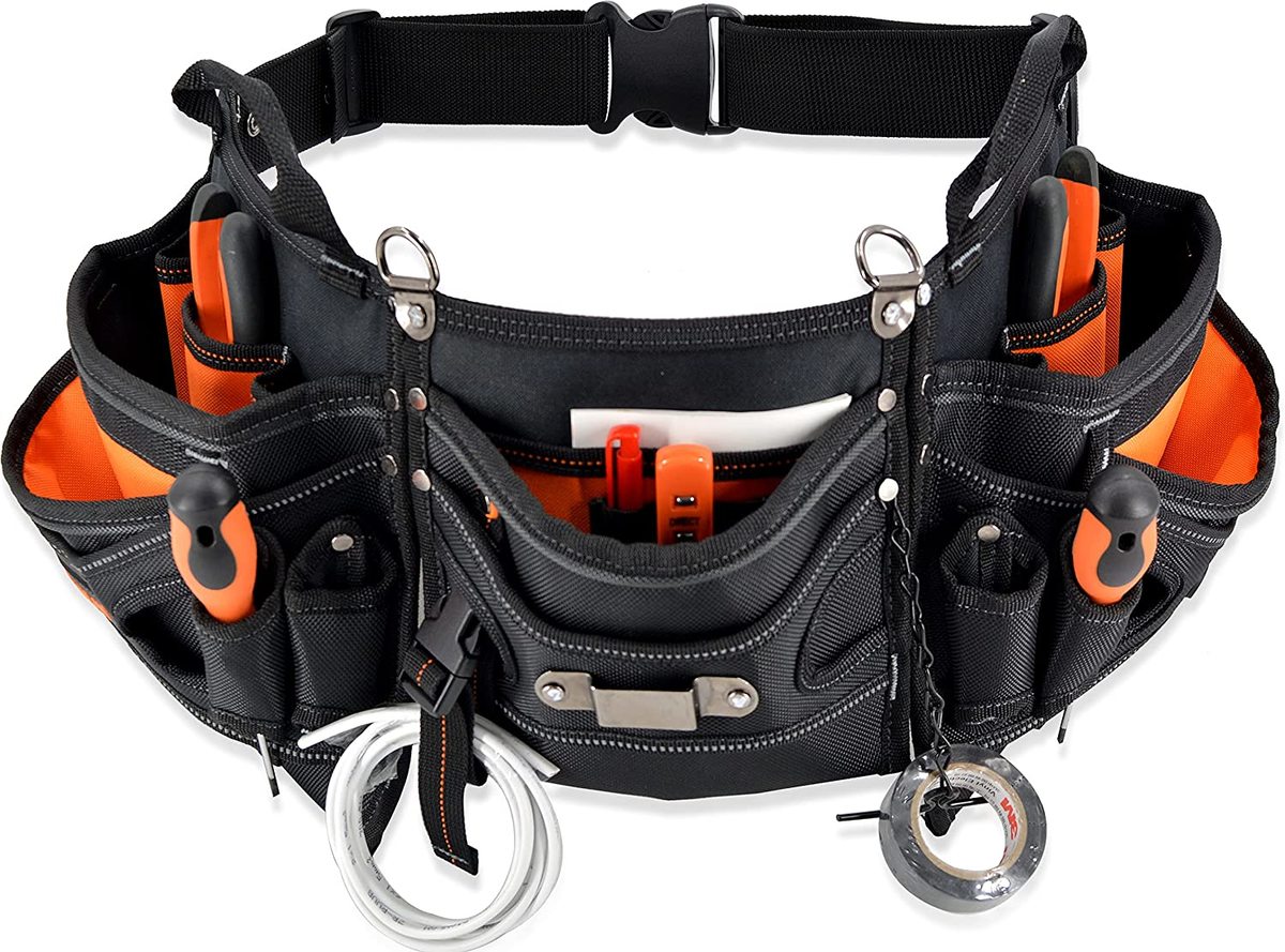 orange and black electrician's tool belt with wiring and tools hooked on