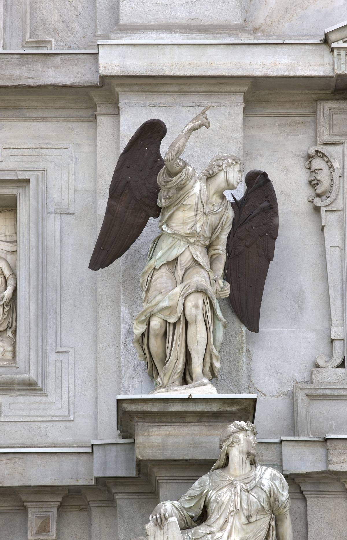 Archangel Gabriel, statue by Stoldo Lorenzi (1534-1583), and Sibyl, statue by Annibale Fontana (1540-1587), marble, detail of the Mannerist facade of the Church of Santa Maria dei Miracoli presso San Celso, Milan, Lombardy, Italy.
