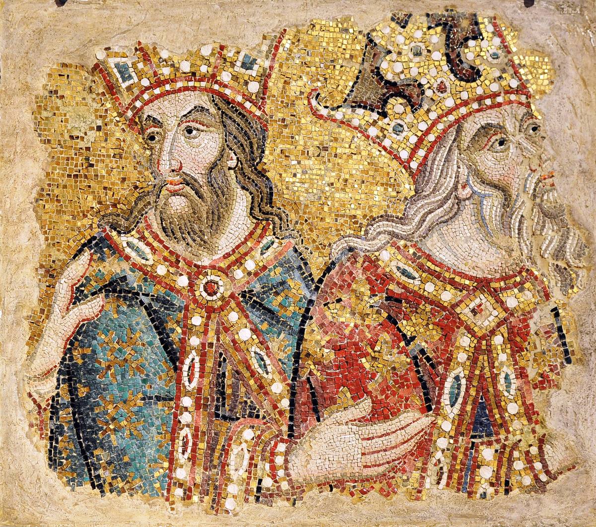 The Three Magi. Mosaic fragments from the Basilica San Marco, Venice , 14th century. Found in the Collection of Saint Mark's Basilica, Venice.