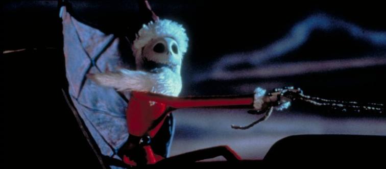 Jack Skellington driving Santa's sleigh with red suit and beard