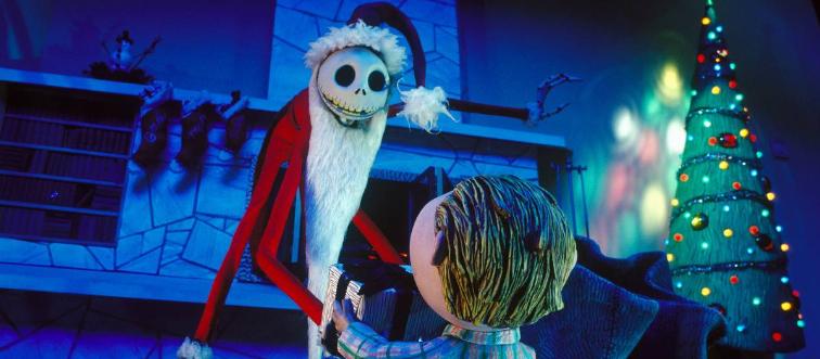Jack Skellington greets child in Santa suit