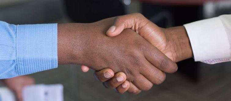 a handshake between two people in collared shirts