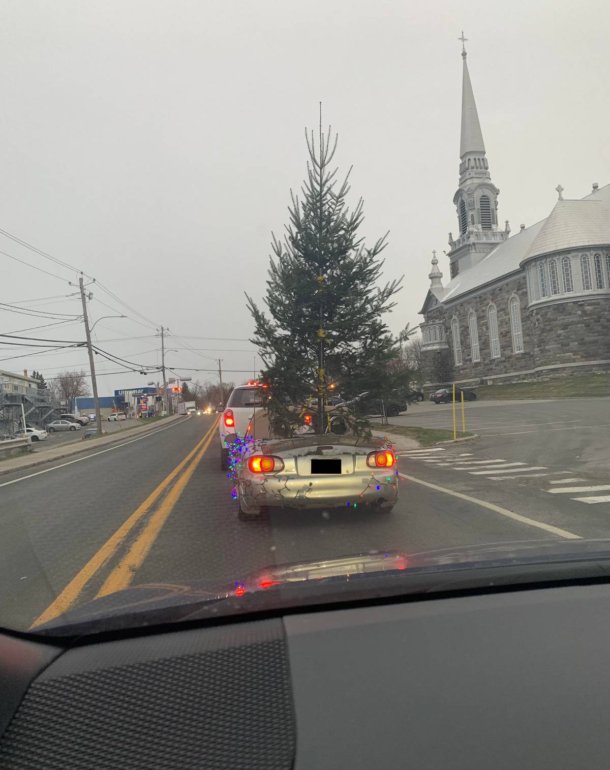 Mazda Miata adorned with Christmas lights and carrying upright tree in back