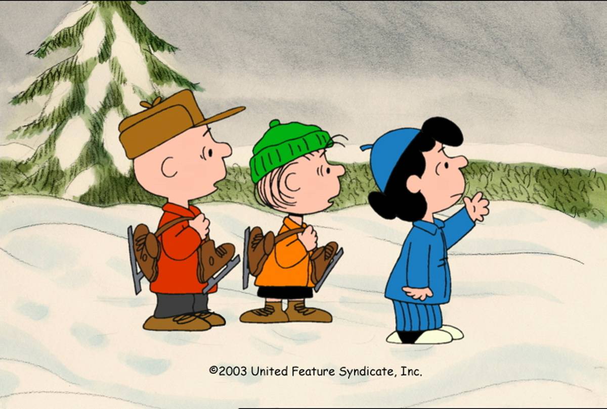 Charlie Brown Linus and Lucy standing with Sled in I Want A dog For Christmas Charlie Brown