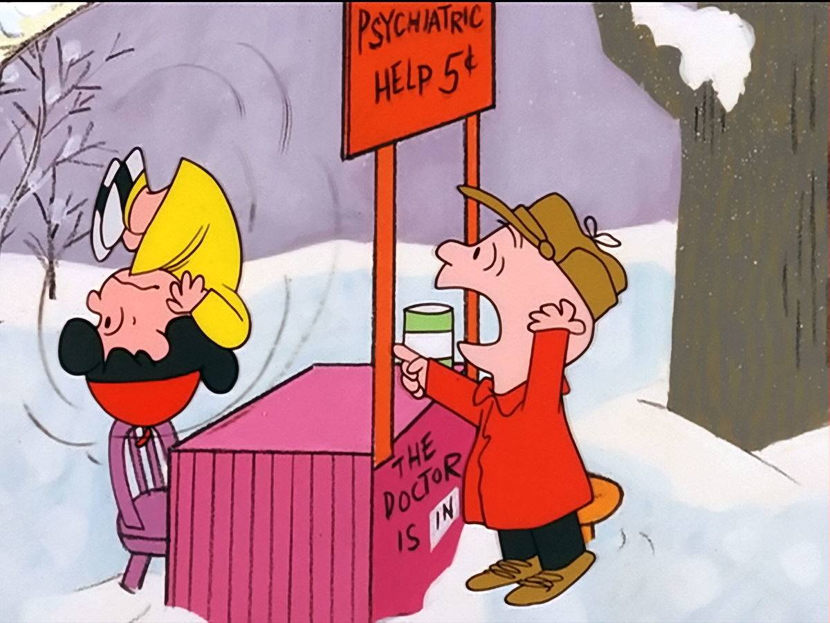 Lucy flipping as Charlie Brown yells at her through psychiatrist booth in A Charlie Brown Christmas