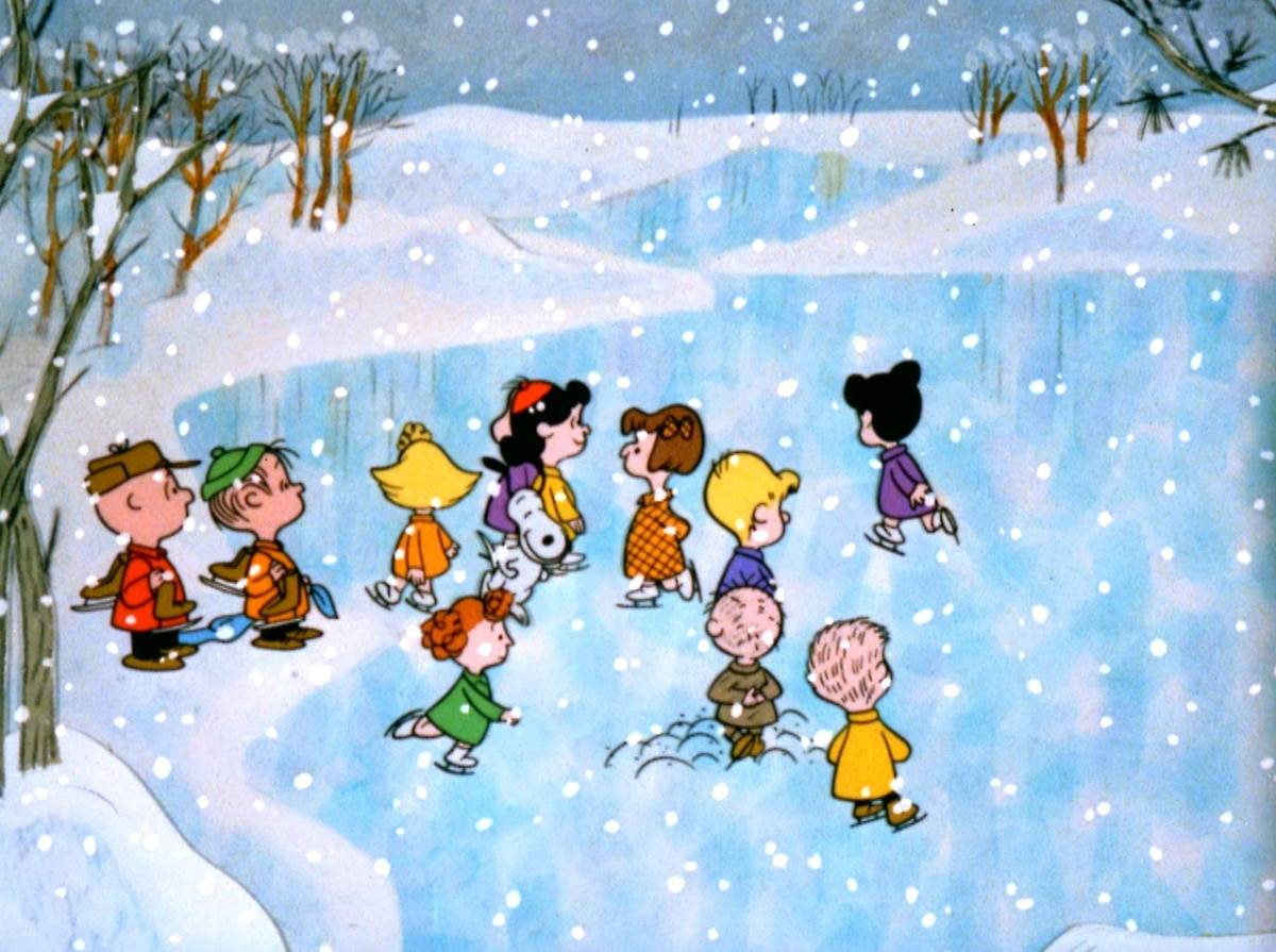 children ice skating on frozen lake in A Charlie Brown Christmas