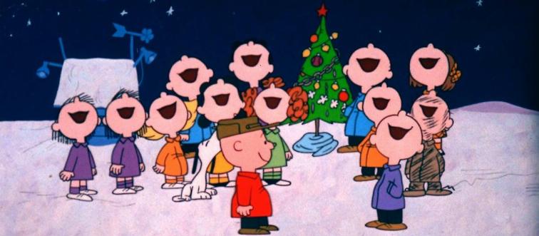 children singing next to Christmas tree in A Charlie Brown Christmas