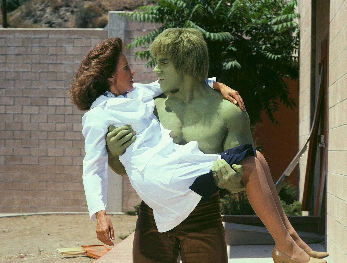 Lou Ferrigno carrying Jane Merrow in The. Incredible Hulk