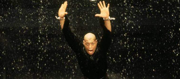 Laurence Fishburne jumping through window while as screaming as Morpheus in The Matrix