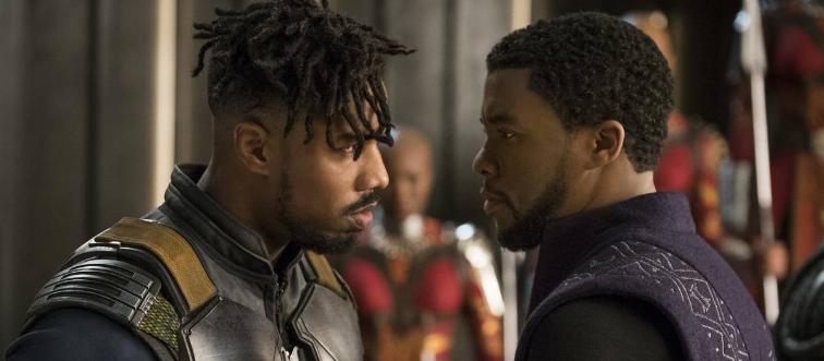 Chadwick Boseman and Michael B. Jordan stare each other down as King T'Challa and Erik Killmonger in Black Panther